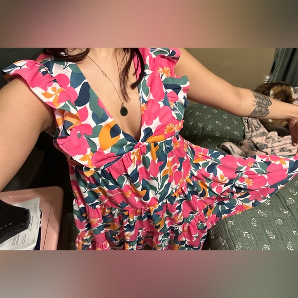 Multi-color floral print ruffle trim dress - Picture 1 of 5